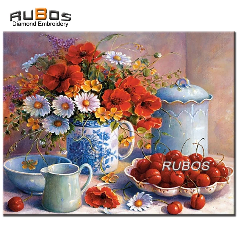 RUBOS 5D DIY Diamond Painting Cross Stitch Cherry Flower Full Package Diamond Embroidery Rhinestone Pattern 3D Needlework (1)