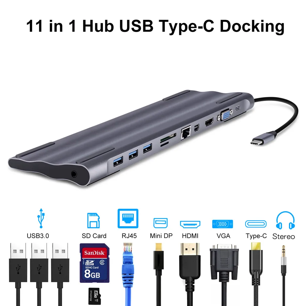 Алюминиевый 11 в 1 ноутбук док-станции тип-c к USB3.0 TF HDMI VGA RJ45 Мини DP адаптер для MacBook samsung Galaxy