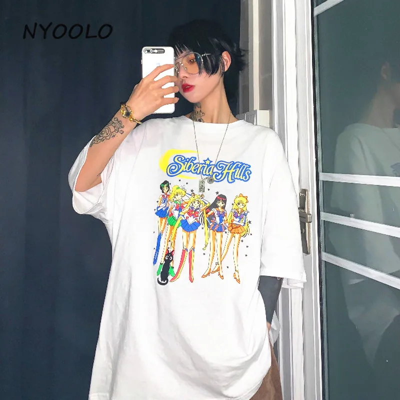 NYOOLO/летние топы с принтом Сейлор Мун; футболка с буквенным принтом; Повседневная Уличная одежда; хлопковая футболка с коротким рукавом; женская одежда; футболки