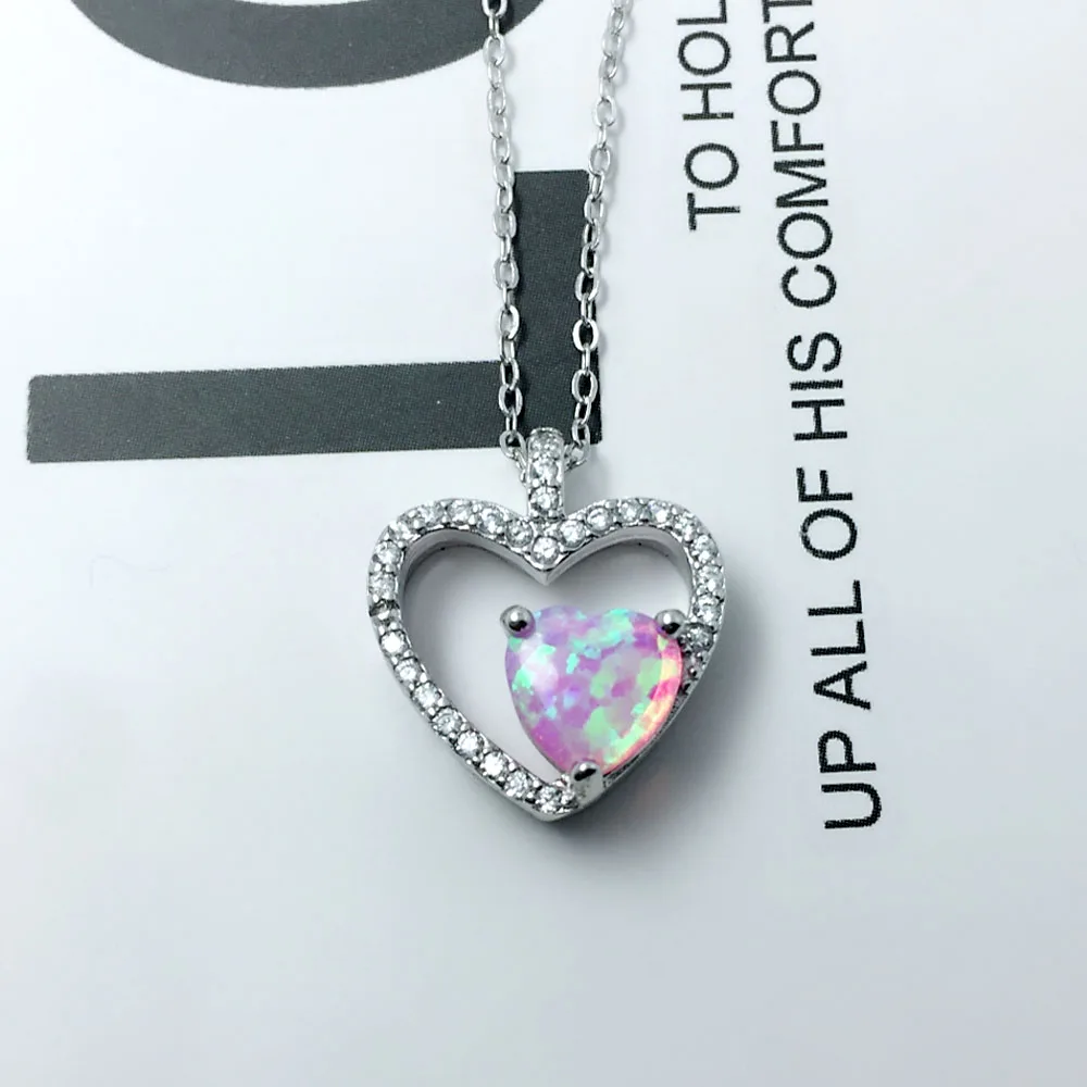 Heart Shape Pendant Necklace Romantic 925 Sterling Silver Opal Stone Necklace & Pendants Best Women Gift (JewelOra NE102686 )