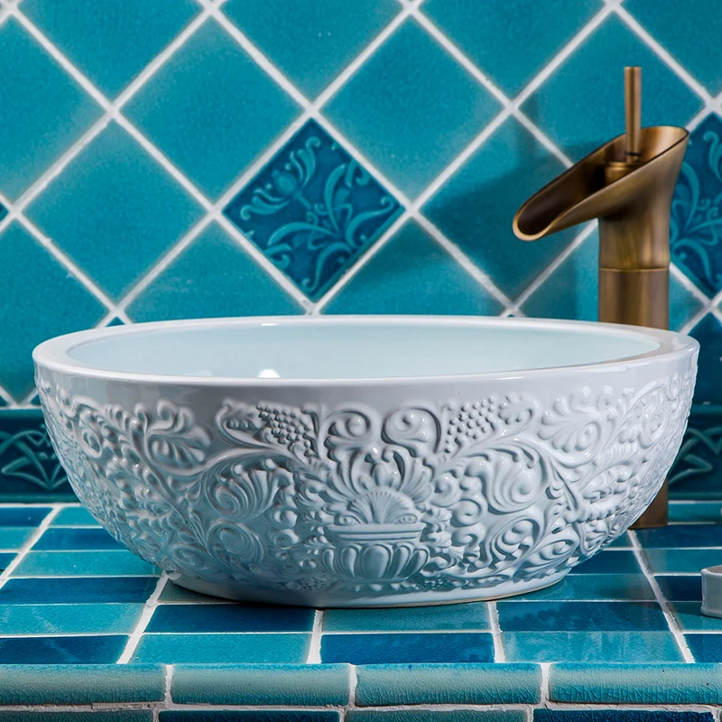 

Blue And White Europe Vintage Style Ceramic Art Basin Sinks Counter Top Wash Basin Bathroom Sinks vanities mini vessel sinks