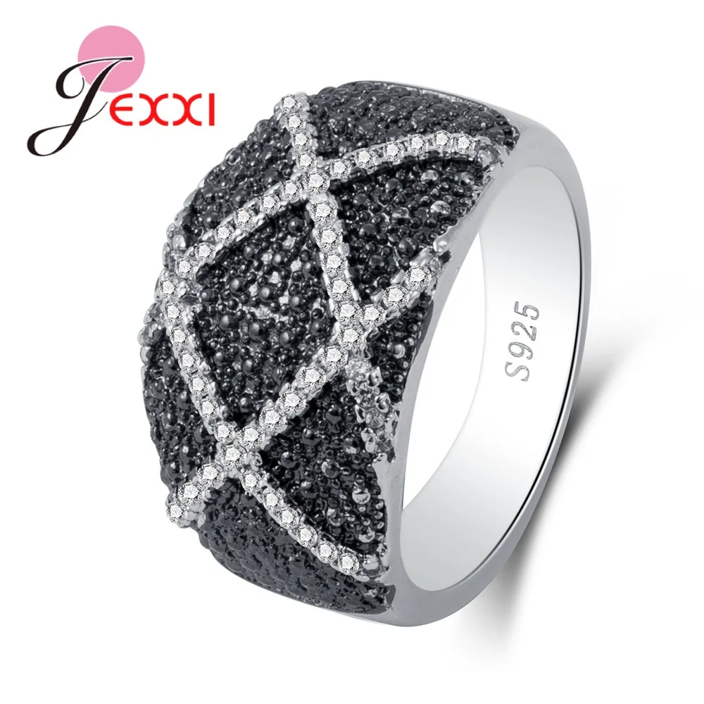 

New Small Shinning Elegant Black Rhinestone Big Classic Style Pure 925 Sterling Silver Brand Rings Great Jewelry Gift