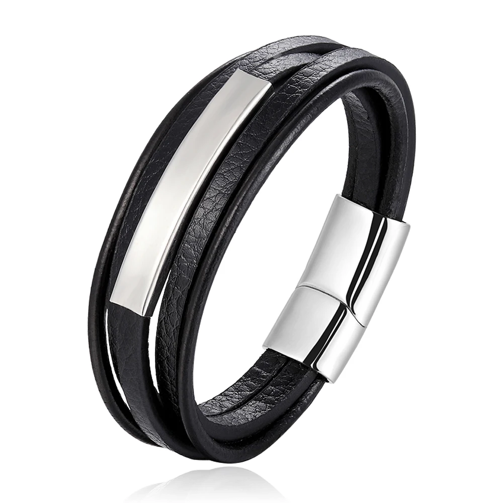 Trendy Men Jewelry Popular Black Color Genuine Leather Bracelet Multi-layer Design Charm Cuff Bangle For Handsome Boy Gift