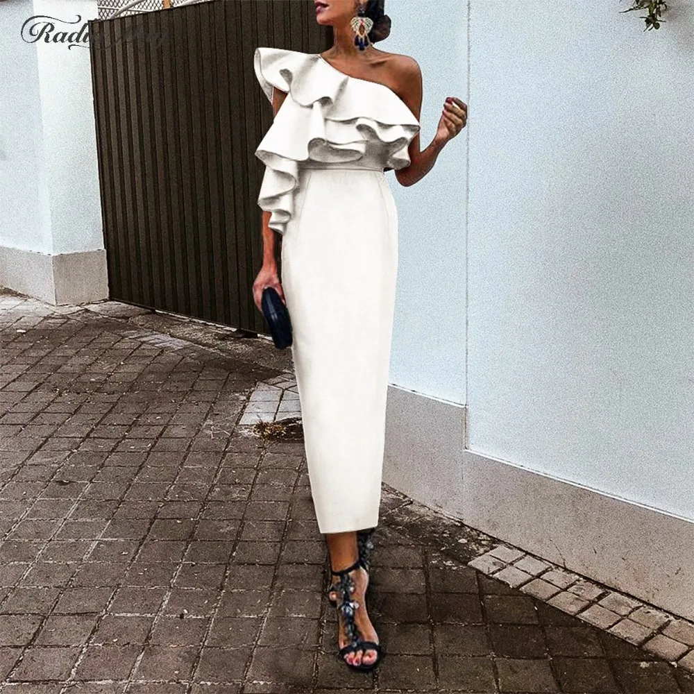Vintage Tea Length White Satin Short Sheath Cocktail Dresses 2019 One Shoulder Ruffles Elegant Sky Blue Red Party Formal Dress