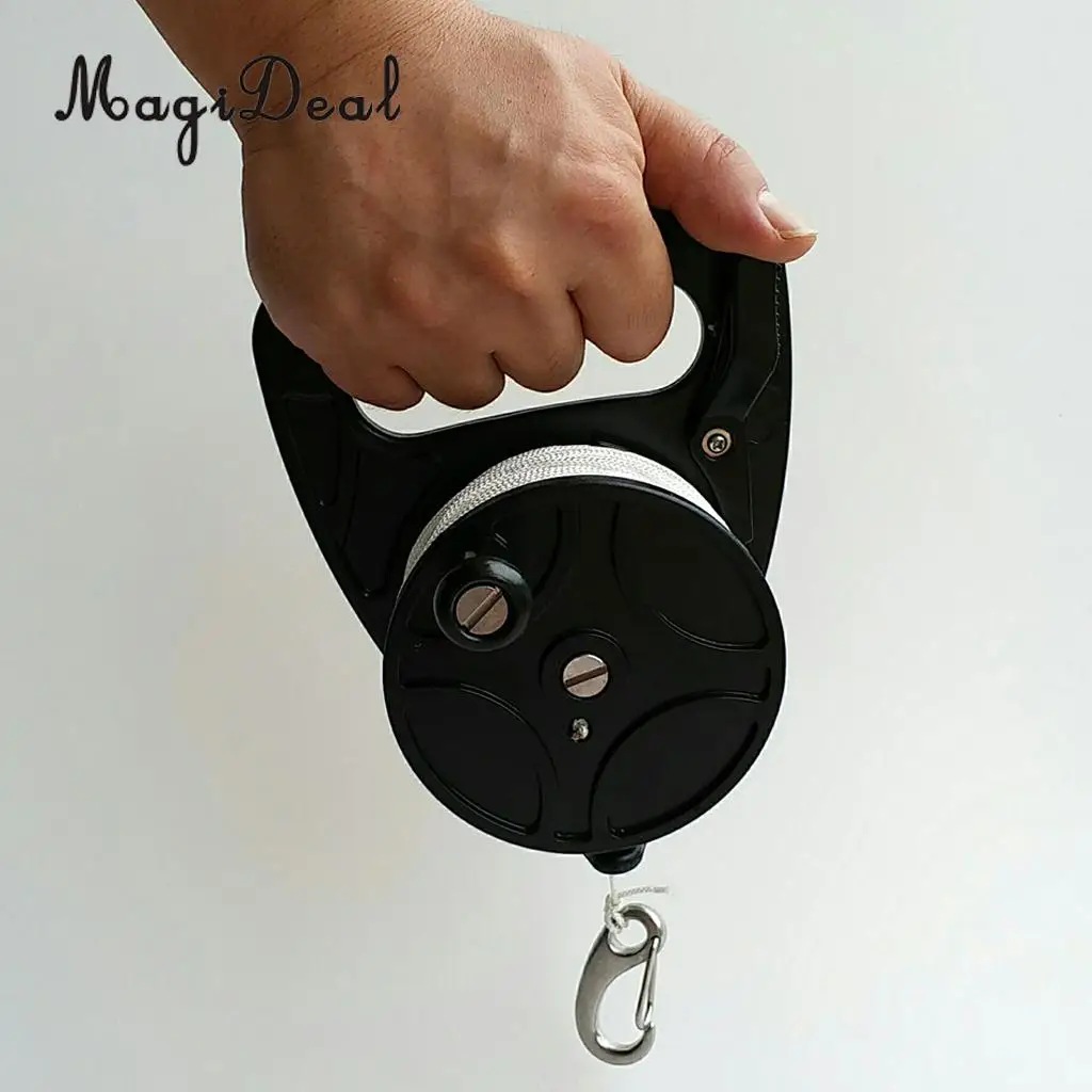 Black Plastic Dive Reel & Handle, Thumb Stopper, 150ft Line, Clip Hook for Scuba Diving Diver Snorkeling