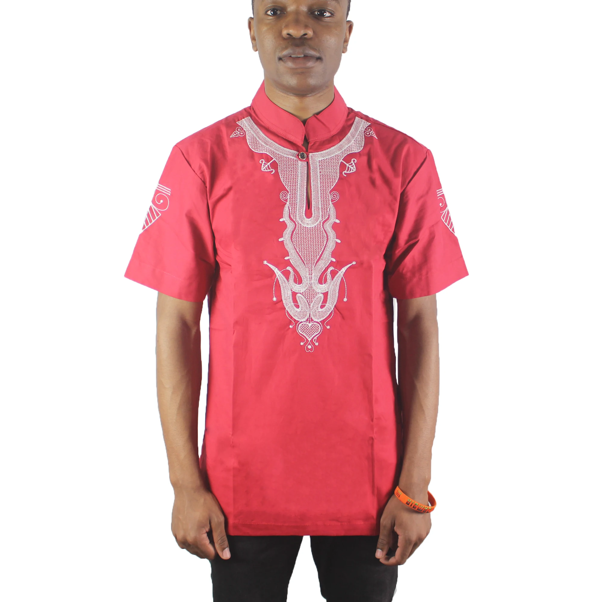 

Red Abstract Antelope Embroidery Men`s Ethnic Tops Summer Short Sleeved Mandarin Collar Dashiki Shirts for Wedding Wearing