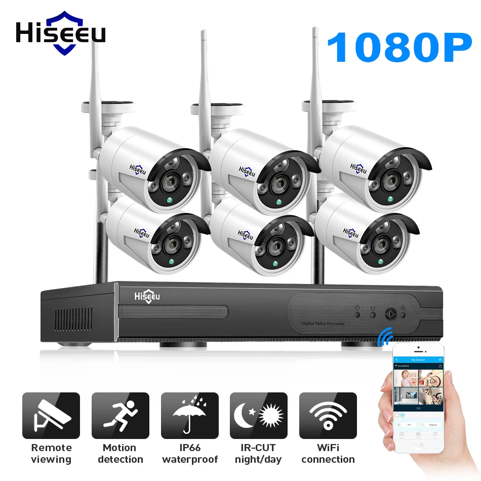 Hiseeu 8-канальная система видеонаблюдения, беспроводная, 6 шт, 1080 P, wifi, ip-камера, уличная домашняя система видеонаблюдения, комплект NVR - Цвет: 1080P