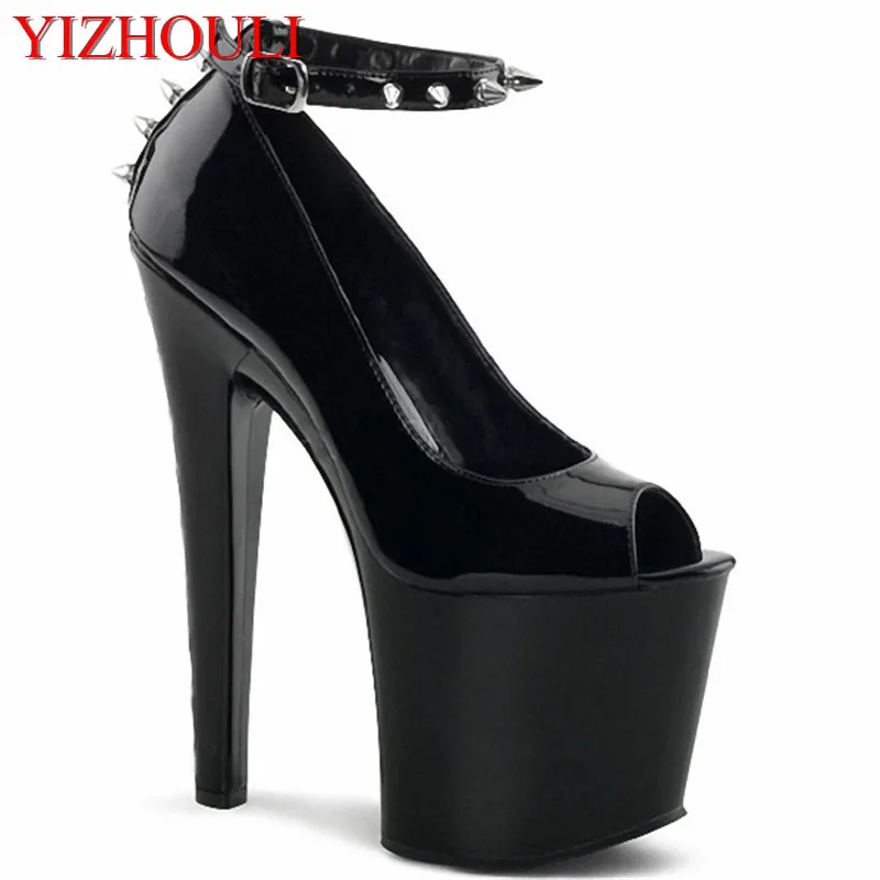 

17 cm high heels, black rivet toe with fishmouth bare skinny sexy supermodel high nightclub shoes.Seductive heels