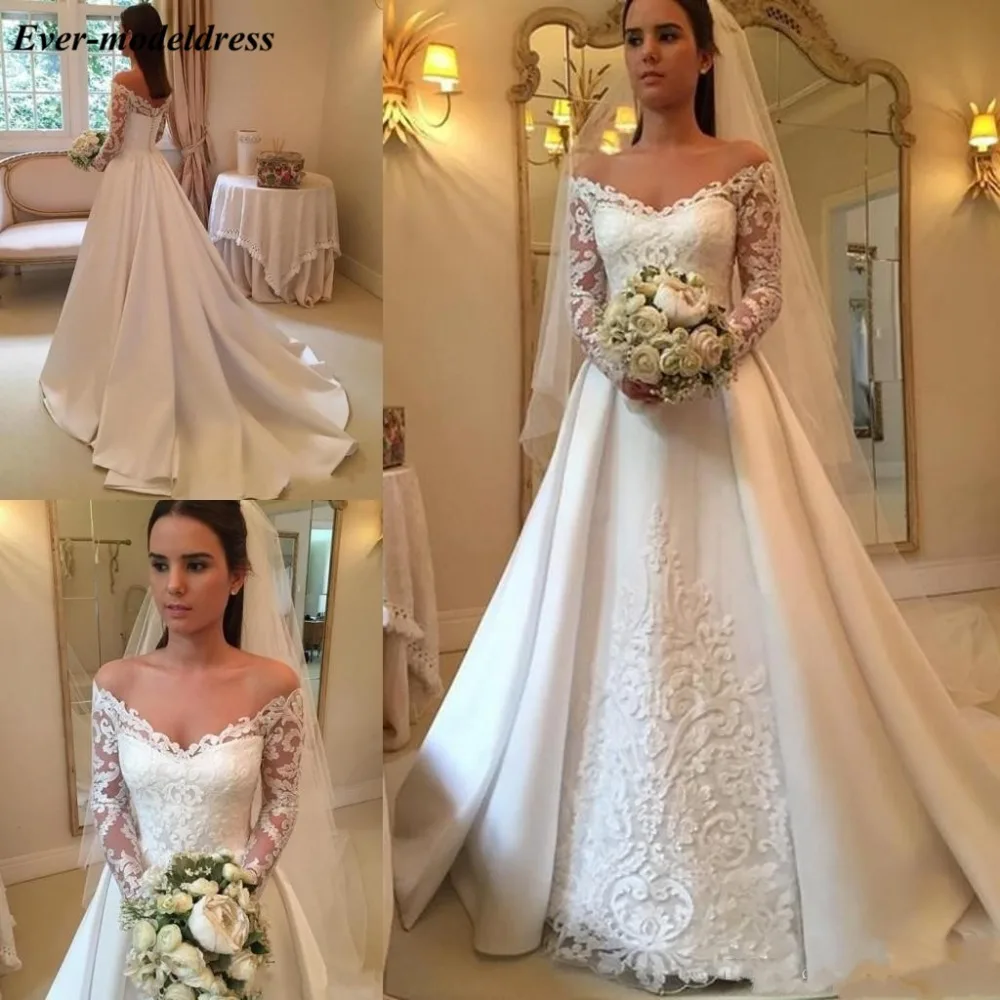 Vestido De Noiva Kant Trouwjurken Met Lange Mouwen Off Shoulder Kant Applicaties Een Line Sweep Trein Vintage Bruidsjurken