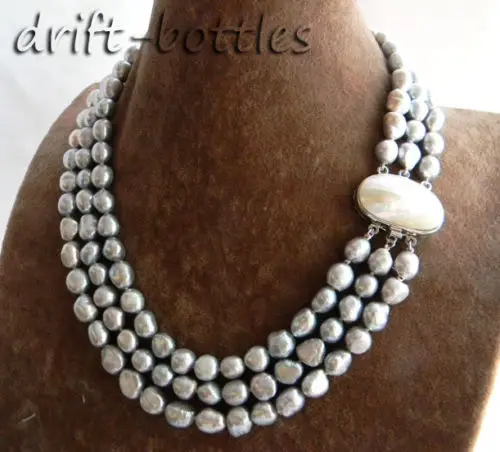 

3Strands 18'' 9mm Gray Baroque Freshwater Pearl Necklace