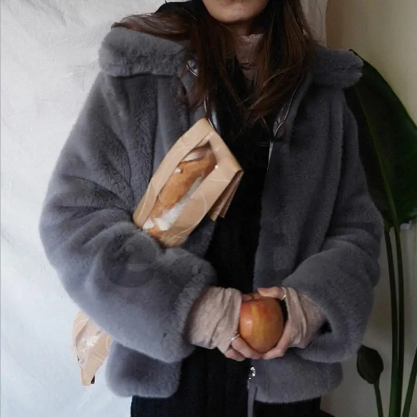 Пальто из искусственного меха кролика Рекс, женское короткое пальто, зимняя новая модная повседневная куртка с длинным рукавом из искусственного кролика рекс - Цвет: Темно-серый