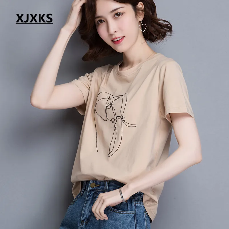 

XJXKS Solid color all-match women's T-shirt 2019 summer new comfortable cotton round neck beaded women's short-sleeved T-shirt