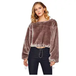 Для женщин зимние модные теплые бархатные Свитера с круглым вырезом Повседневное длинный рукав короткий свитер Пуловеры Топы