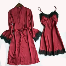 Красный женский Сексуальный Атласный Костюм-двойка, набор халатов с ночнушкой, купальный халат с v-образным вырезом, ночная рубашка, свадебное платье для подружки невесты, кимоно, ночная рубашка