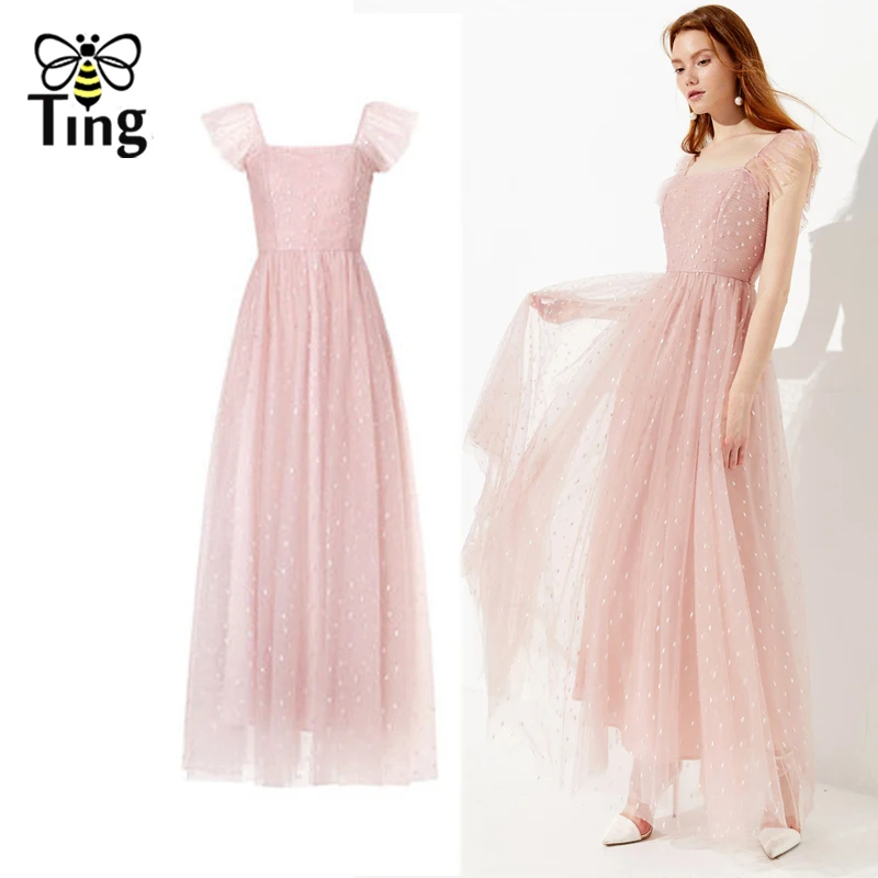 

Tingfly Designer Polka Dot Pink Mesh Maxi Party Dress Elegant Lady Summer Strap Ruffles Long Dress Vestidos Casual Streetwear