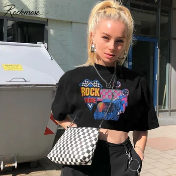 

Rockmore 100%Cotton Black T shirt Women Short Sleeve Casual Printed Korean Tshirts Female Harajuku Womens Crop Tops Tees Summer