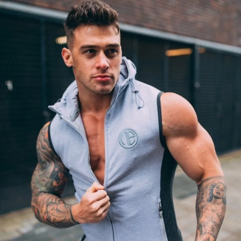  New Mens Gyms Hoodie Singlets Sweatshirts sleeveless hoodies printing Bodybuilding Fitness male wai