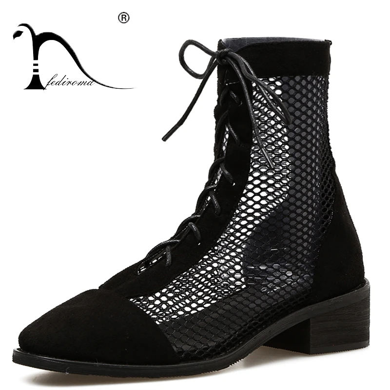 

FEDIROMA Summer Ankle Boots Fashion Pointed toe Suede Leather Shoes Woman Lace-up Soft Flat Boots Square Wood Heel shoes