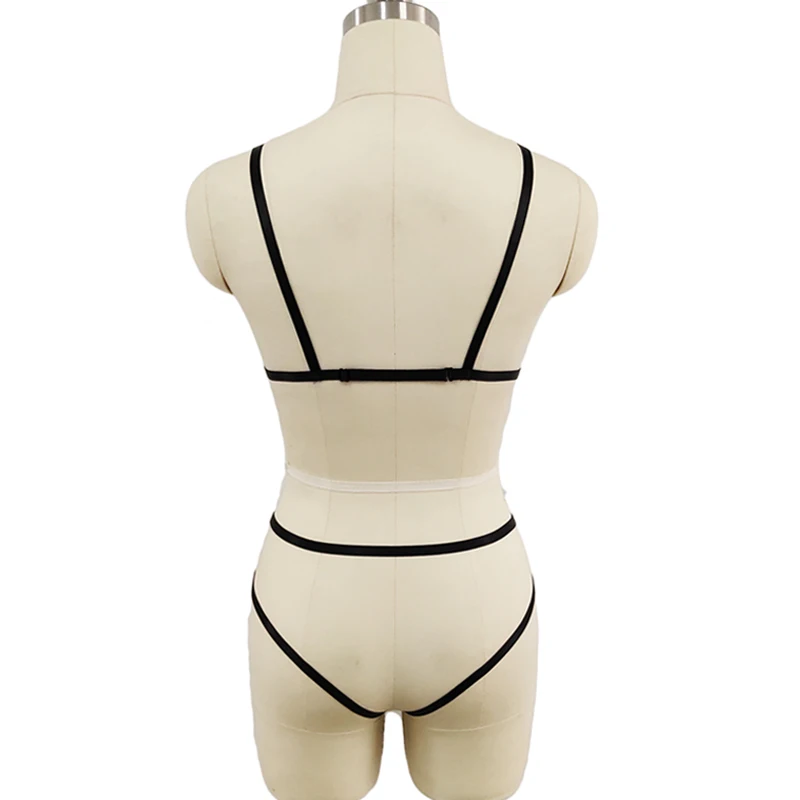 Sexy Black Lace Body Harness Set Pastel Goth Cage Bra Bondage Harness Woman G-string Lace Briefs Underwear Punk Rave Panties