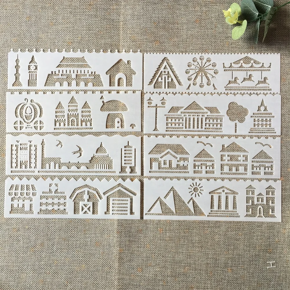 

8Pcs/Set 18cm Building Arch DIY Layering Stencils Painting Scrapbook Coloring Embossing Album Decorative Card Template