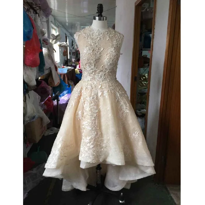 Ss255 Real Photo Champagne High Low Organza Lace Appliques Wedding