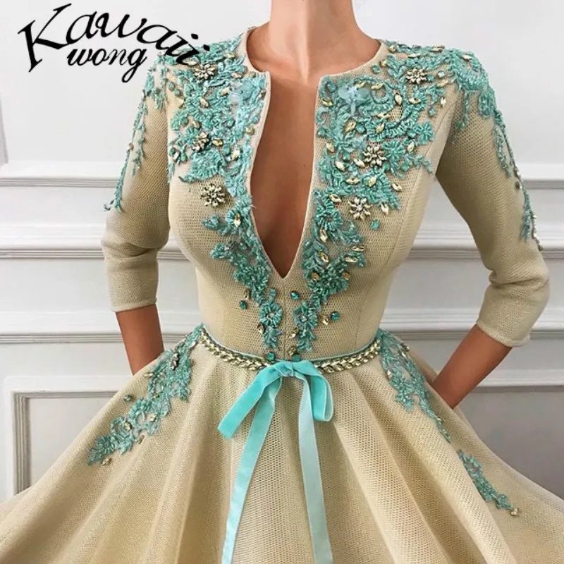 

Khaki Evening Dresses Fashion Lace Appliques Arabic Half Sleeve Sexy Evening Dress Party Formal Elegant Evening Gown KW0141