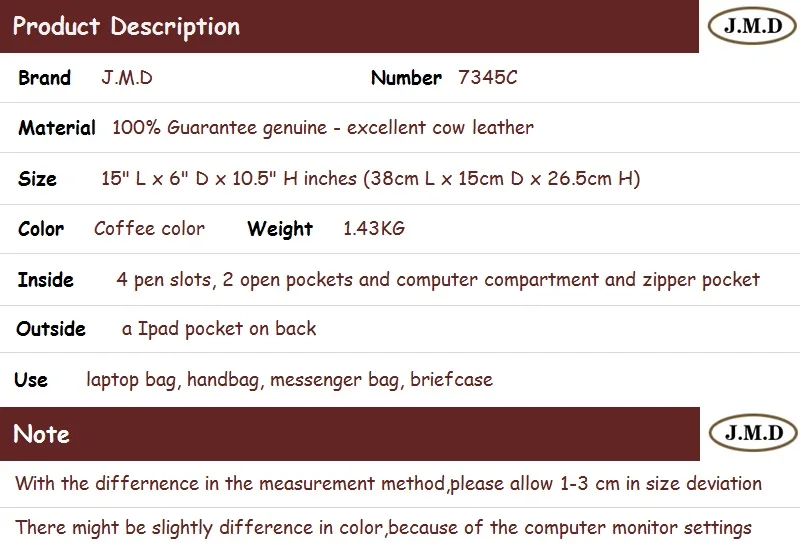 J.M.D Новое поступление из натуральной коровьей кожи Мужская модная сумка бизнес большой емкости 15 дюймов сумка для ноутбука 7345C