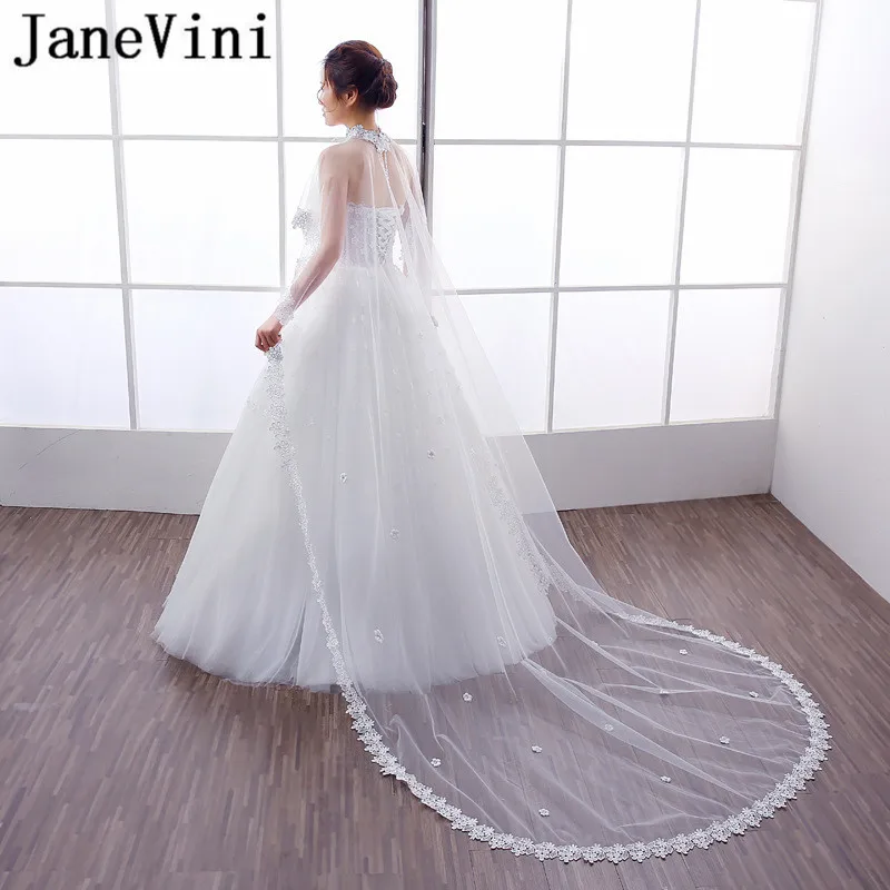 

JaneVini 2019 Newest Bride Cape Veil 3 Meters Long Cathedral Wedding Veil Lace Edge 3m Ivory Beaded Flowers Bridal Shoulder Veil