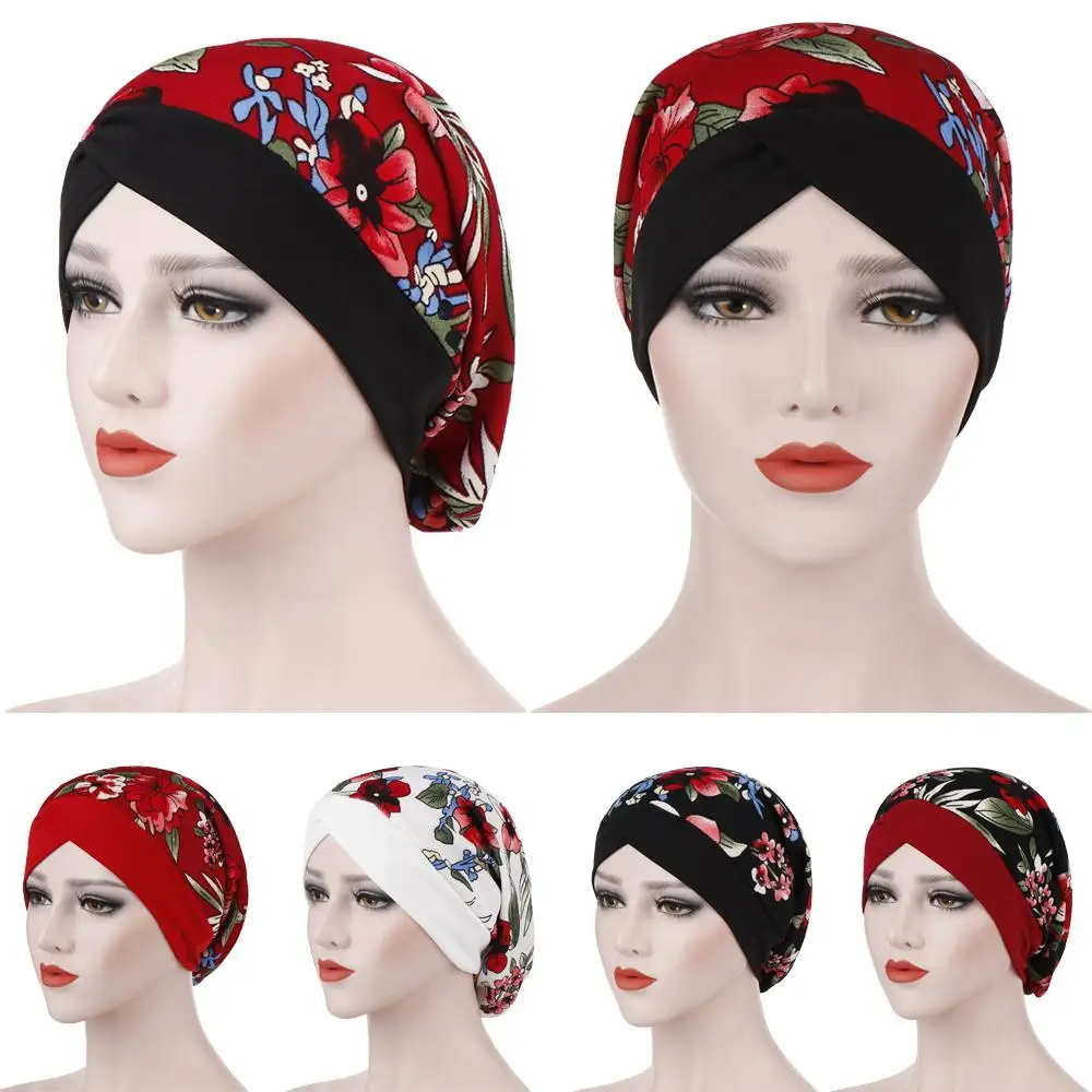 Женский цветочный принт, широкая полоса, мусульманский головной убор для ночного сна, головной убор, исламский арабский тюрбан, головные уборы при химиотерапии, шапочки, аксессуары Skullies