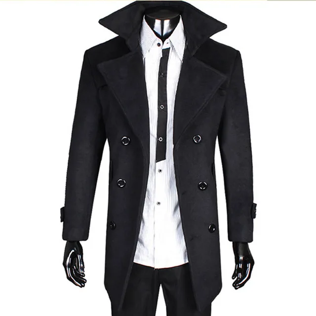 2014 New Men's Long Black Trench Coat Men Double Breasted Trench Coat
