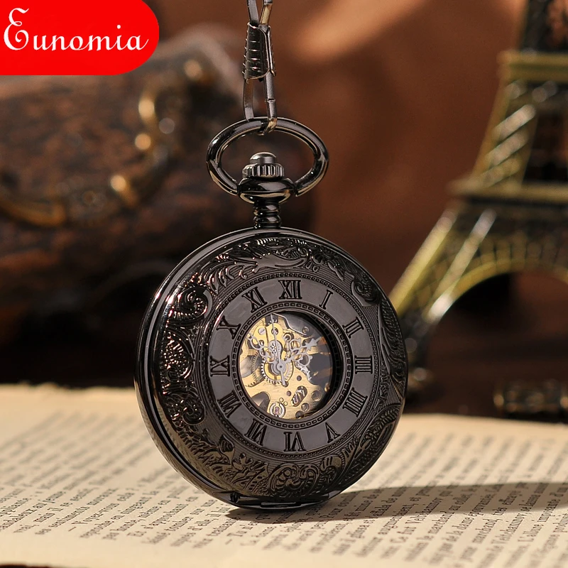 Винтажные Механические карманные часы ручной работы с цепочкой, модные часы со скелетом, двойной открытый корпус, мужские карманные часы в стиле стимпанк