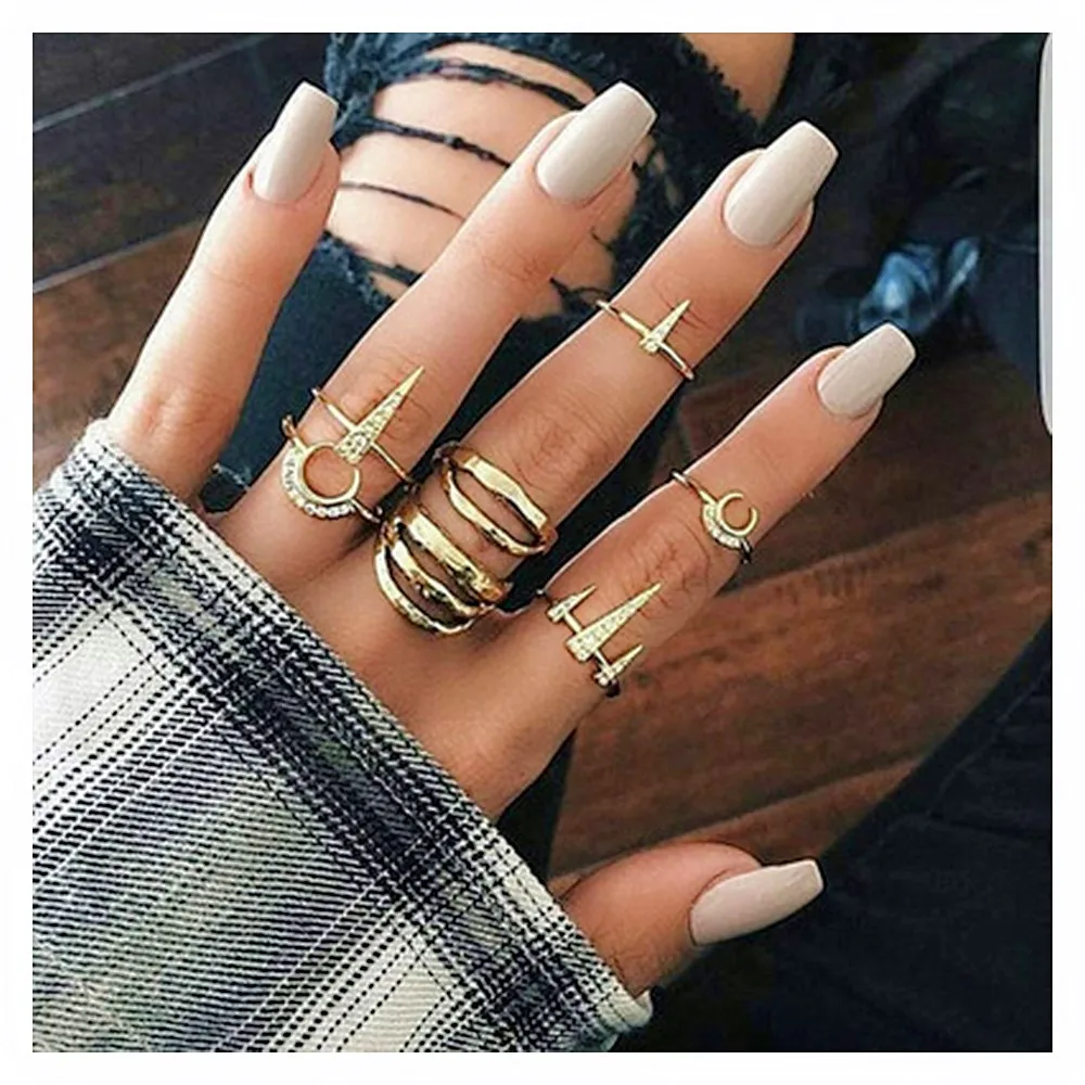 

Fashion Lips Moon Triangle Ring Set 7 Pcs/ Set Crystal Geometry Hollow Golden Ring Female Personality Party Fashion Jewelry Gift