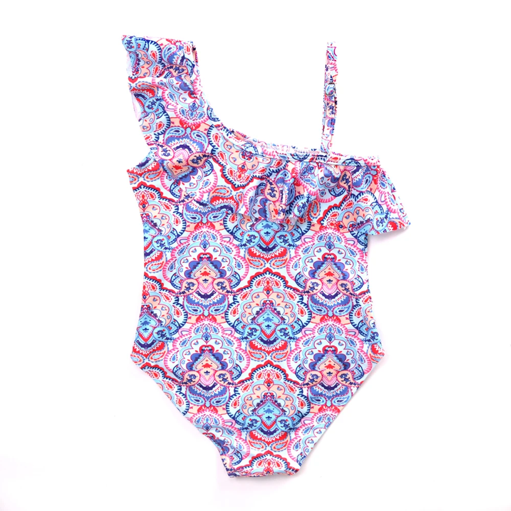 

2018 New Swimsuit Children One Piece Swimwear Pretty Flower Print One Shoulder Ruffled Swimsuit for Girl Swimwear