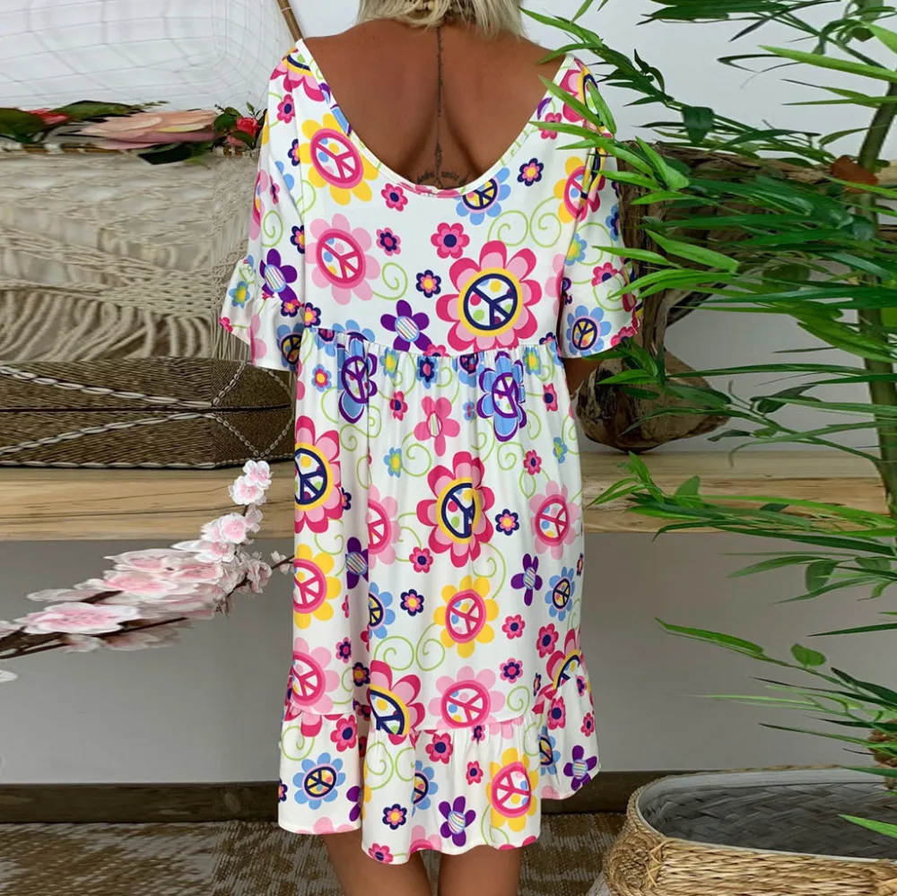 2019 woman summer sexy loose beach dress long print short-sleeved mini beach dress cover up sunscreen beach dress plus size 40J3 (4)