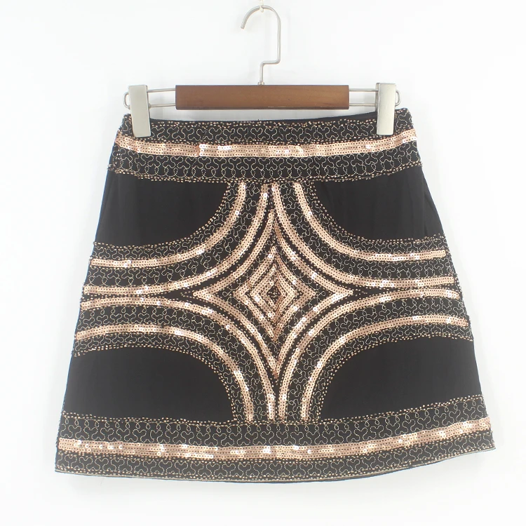 Женская Ретро черная расшитая Блестками Короткая юбка, винтажная вышитая бисером юбка-карандаш, высокая талия, Золотая Сельма, облегающая подиумная мини-юбка
