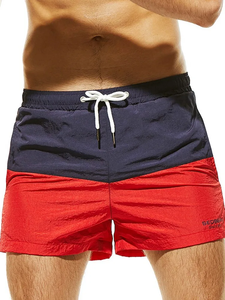 

Men Summer Patchwork Contrast Color Board Shorts Elastic Waist Drawstring Man Sexy Beach Sports Surfing Bathing Shorts 2019 New