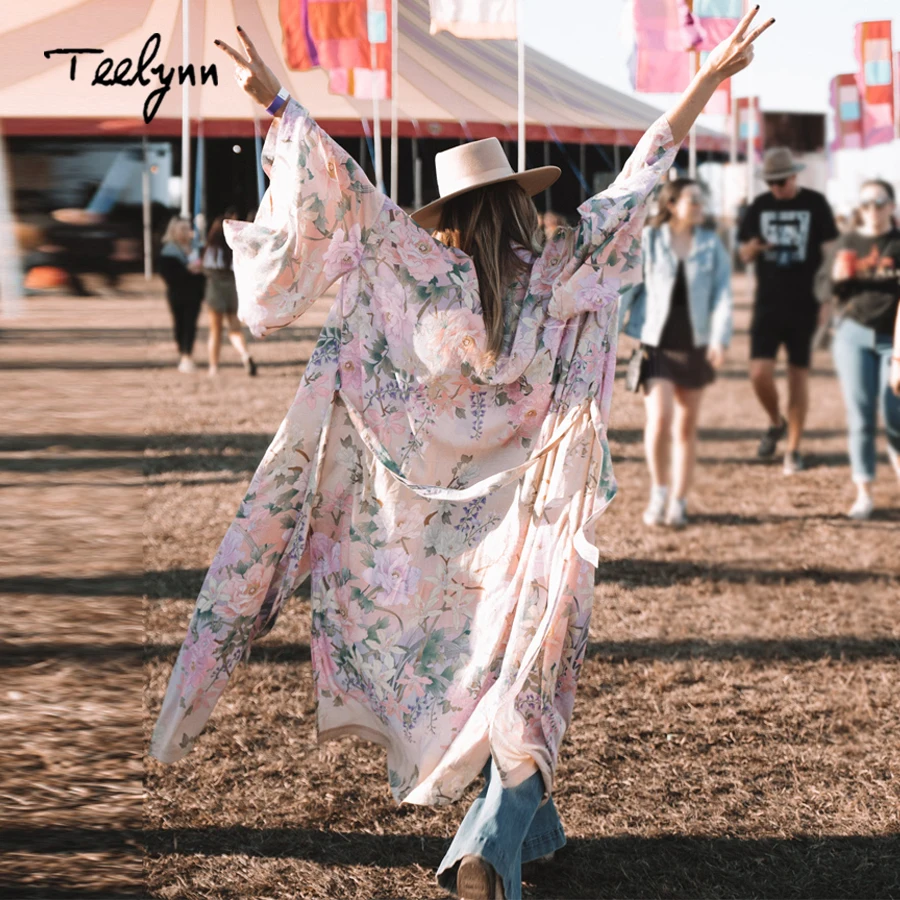 TEELYNN вискоза цветочный принт Бохо обернутые платья для женщин кимоно с v образным