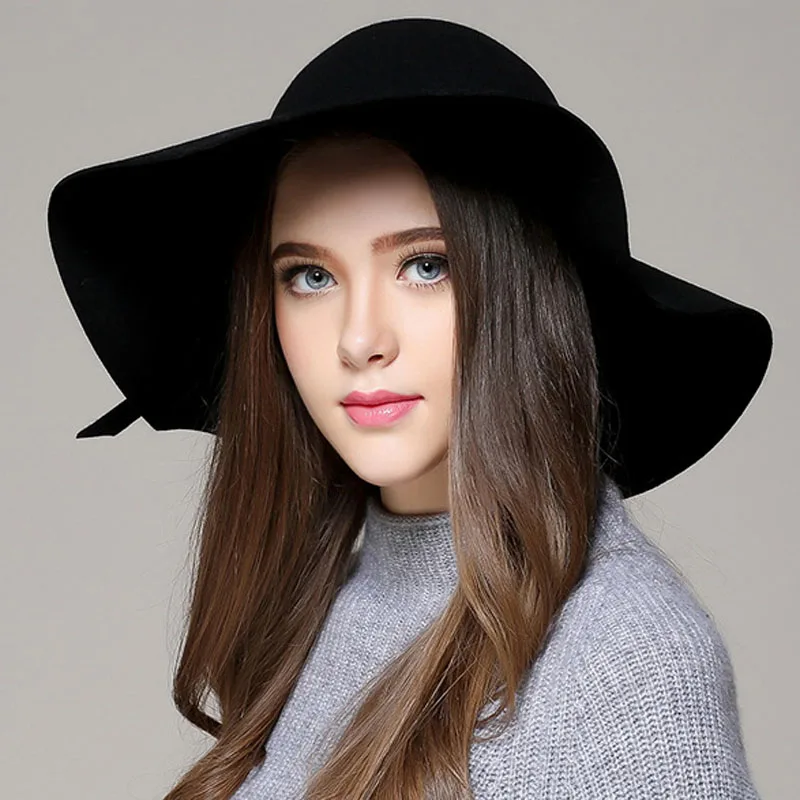 

Fashion Women Beach Sun Hat Waves Big Brim Sunbonnet Imitation Wool Sun Hat GDD99