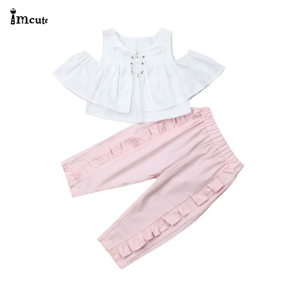 

US Toddler Kids Baby Girl Clothes Ruffle Tops T-Shirt Long Pants Summer Causal Cotton Outfits Set 2PCS