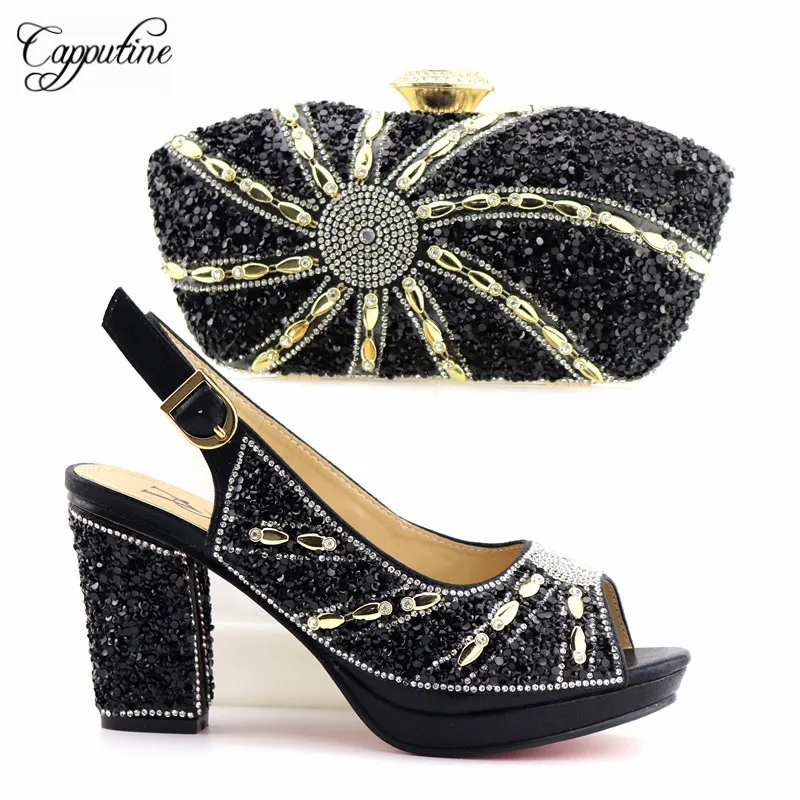 

Nigerian Fashion Rhinestone Woman Shoes And Bag Set Hot Sale Italian High Heels Shoes And Bag Set For Party Size 38-42 TX-867