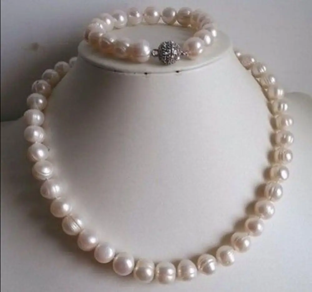 

Hot Real 9-10MM white freshwater Cultured Pearl Necklace Bracelets AAA 18"/ 7.5" A(5.18)