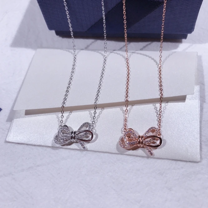 

Fashion Sweet Bowknot Necklace Cubic Zircon 925 Sterling Silver Vintage Women Wedding Jewelry High Quality Wholesale