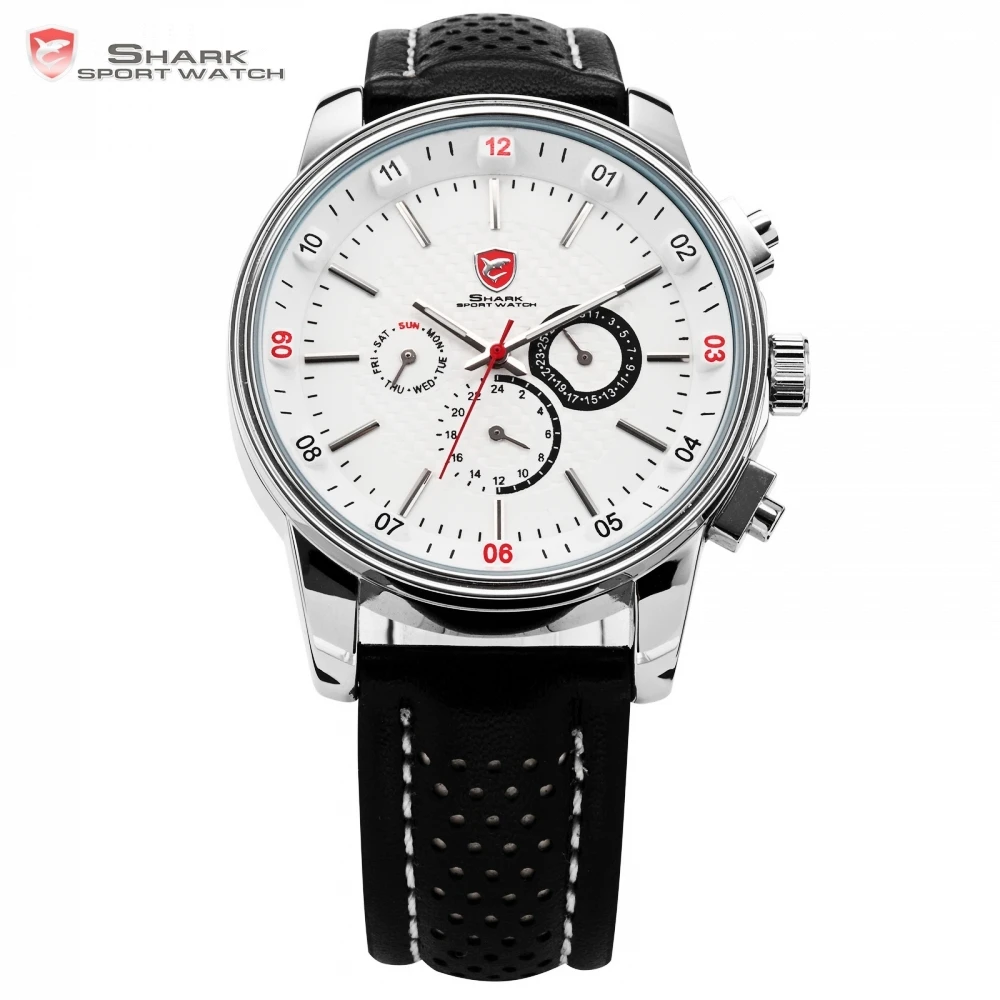 Pacific Angel Shark Sport Watch Men's White Date Day Fashion Casual Men Wristwatch Black Leather Strap Quartz Clock Male / SH093