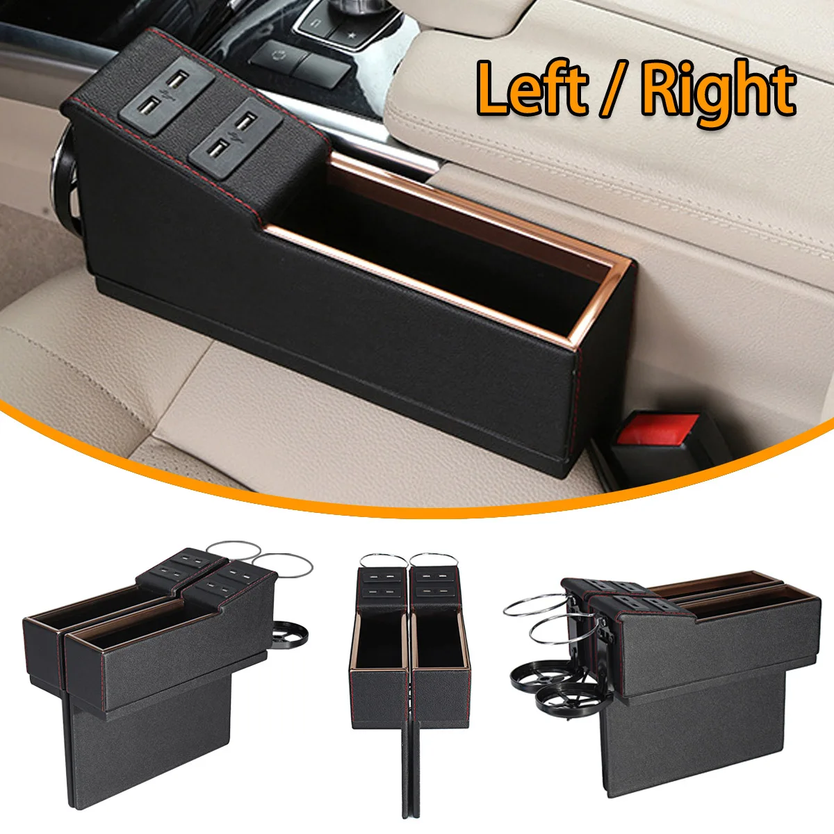 

Universal 1Pcs PU Leather 4 USB Charging Car Seat Crevice Storage Box Cup Holder Seat Gap Catcher Storage Organizer Box Black