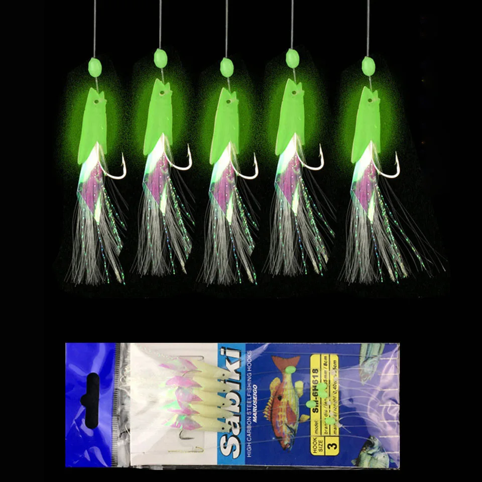 5Pcs/Set High Quality Carbon Steel Mackerel Feathers Bass Cod Lure Sea Fishing Luminous Fishing Hook Treble Bait Fishing Wire