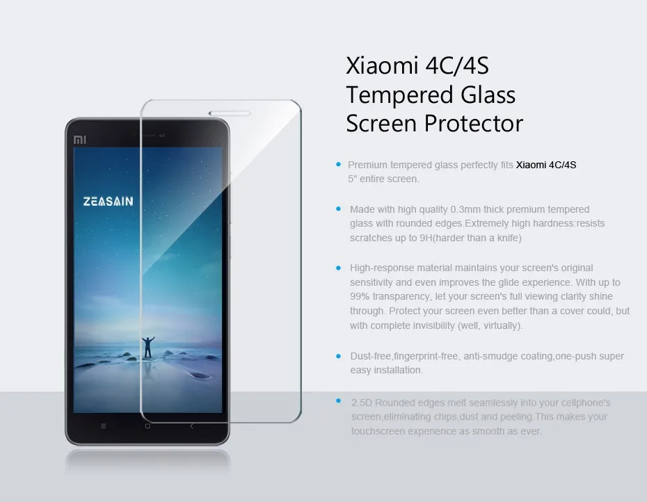 Original ZEASAIN Screen Protector For Xiaomi Mi 4C 4S Mi4C Mi4S Xiomi Premium Tempered Glass  2.5D 0.3mm Protective Glass Film (4)