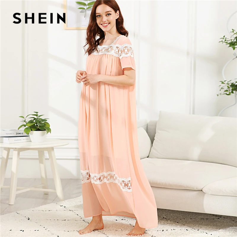 Buy SHEIN Lace Insert Maxi Nightdress Pink Square Neck