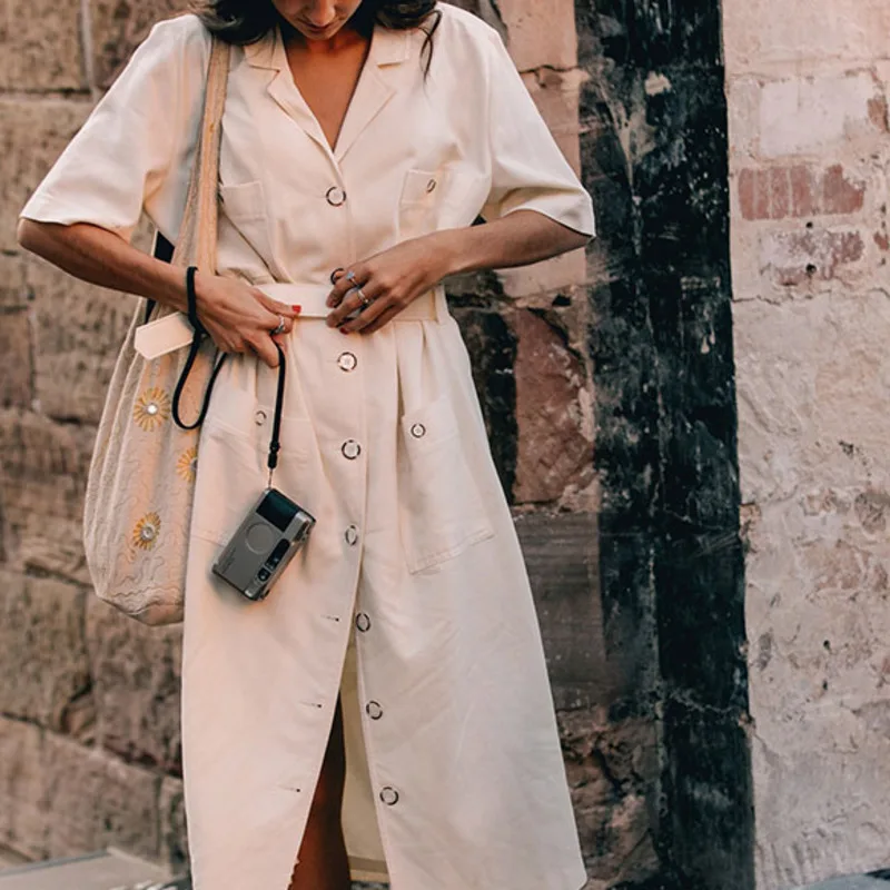 

[EWQ] 2019 Spring Summer New Commuting Style Cotton Fabrics Suit Collar A-line Mid-length Skirt Solid Color Dress AF400
