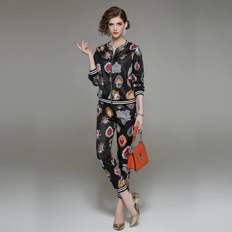 

Spring Autumn 2019 Women Runway Print Hoodies Harajuku Tracksuits Bomber Jacket Coat + Elastic Waist Pencil Pants 2 Pieces Set