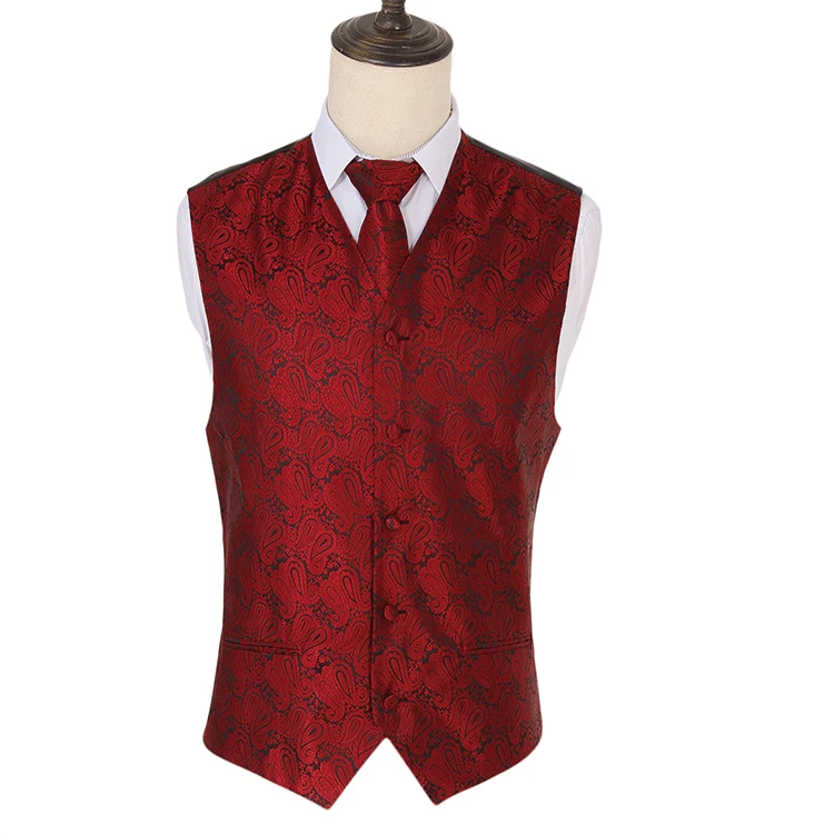Men's Navy Paisley Floral Jacquard Waistcoat Necktie and Pocket Square Vest Suit Set Party Wedding